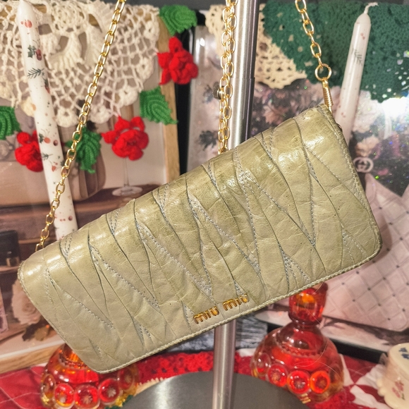 Miu Miu Olive Leather Clutch with Gold Chain - Picture 1 of 5